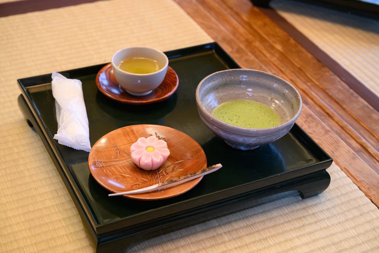 Matcha tea and Japanese sweets served after Temple Yoga
